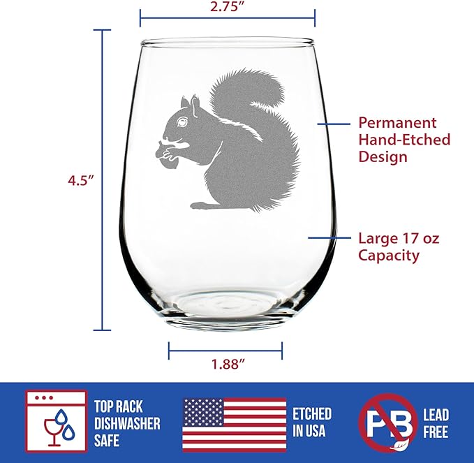 Custom Squirrel Personalized Stemless Wine Glass - Squirrel Gifts and Decor with Squirrels - Large 17 Oz Glasses - Customized Wine Glass Gift