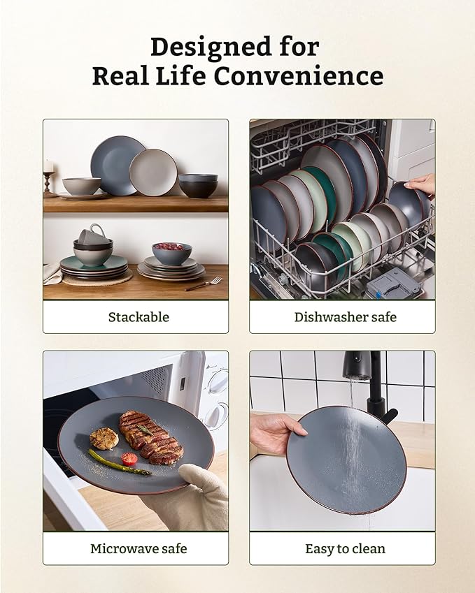 Famiware Venus Speckled Dinnerware Set with Pasta Bowls, Service for 4 (16 Pieces), Stoneware Plates and Double Bowls Sets, Microwave & Dishwasher-Safe Dishes with Trim, Matte Charcoal