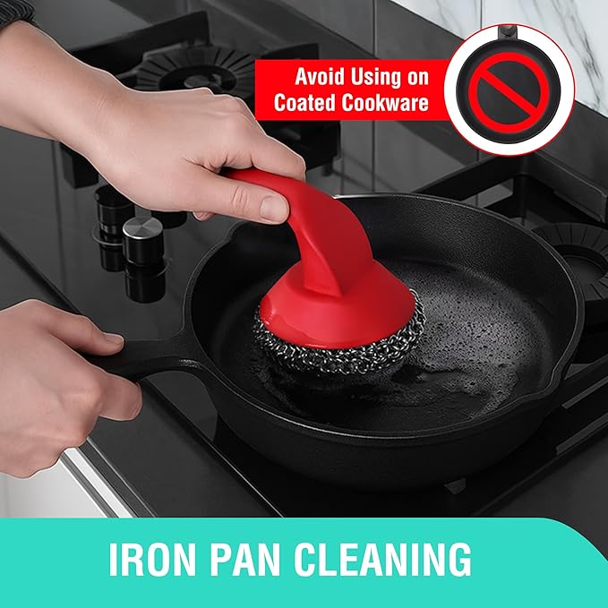 HAUSHOF Cast Iron Scrubber with Long Handle, Chainmail Scrubber Cast Iron Cleaner for Pan, Kitchen Cleaning Kit for Grill, Dutch, Oven