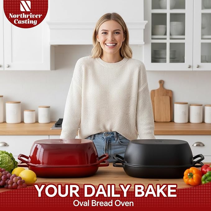 12"x8" Oval Cast Iron Dutch Oven for Bread Baking,Pre-Seasoned Combo Cooker with Lid, Perfect for Sourdough, Artisan Loaves & Family Meals,5 Qt