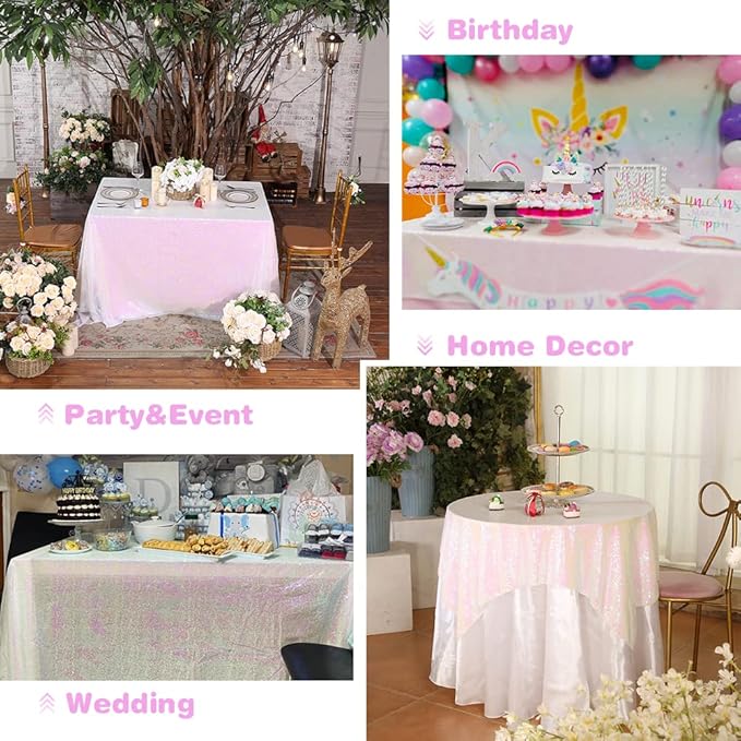 Eternal Beauty White Iridescent Tablecloth, 50x80 Inch Sequin Rectangle Table Cover for Cake Dessert Exhibition Party Birthday Events