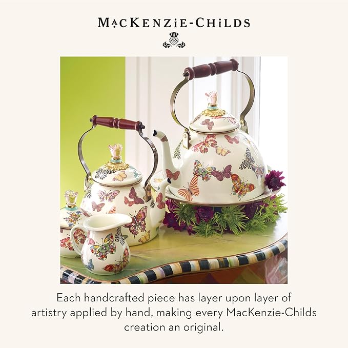 MACKENZIE-CHILDS Enamel Tea Kettle, Cute Kitchen Kettle for Stovetop, 2-Quart Capacity, Butterfly Garden