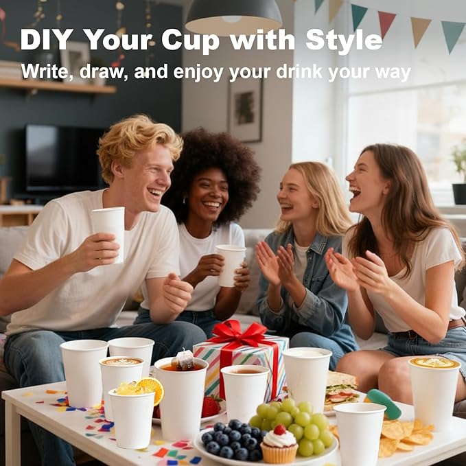 12 oz 100 Pack Disposable Coffee Cups, Bulk White Disposable Paper Cups, Coffee Cups for Hot Tea, Chocolate and Cold Drinks