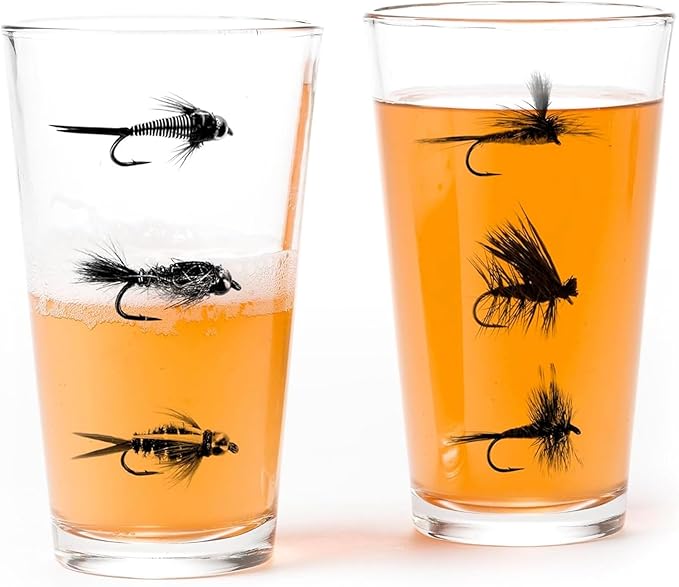 Fly Fishing Flies Pint Glass Set by Black Lantern – Set of 2 Premium 16oz Beer Glasses | Dishwasher-Safe Glassware for Anglers & Outdoorsmen