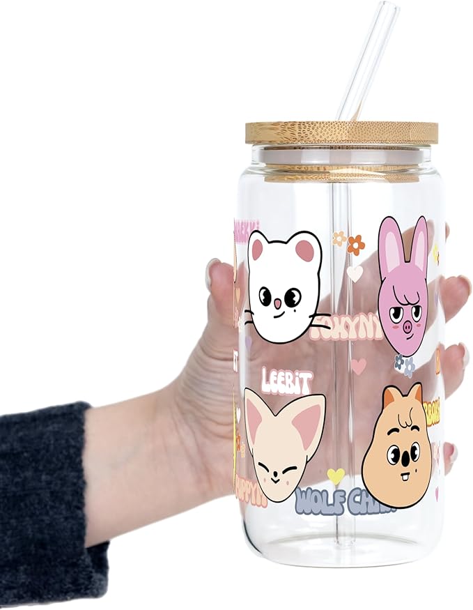 Sip-Sip Hooray! Skzoo Kpop Glass Tumbler with Lid and Straw, 16oz Iced Coffee Cup, Stray Kids Merch, Reusable Glass Cup, Cute Soda Can Lids with Straw, Gift for Fans and Teens
