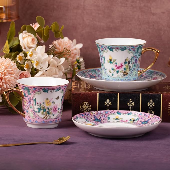 KAMMAK Tea Cups and Saucers Set of 2, Porcelain Coffee Cups with Saucer for Espresso, Cappuccino, 8oz Vintage Pink and Blue Ceramic Novelty Mug for Home, Tea Party, Office