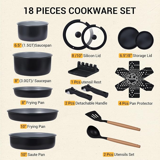 Ammeloo 18 Pcs Ceramic Pots and Pans Set Non Stick Kitchen Cookware Set with Detachable Handle, Non Toxic Cooking Set with Removable Handle for RVs, Camping, Fridge, Dishwasher/Oven Safe, Black