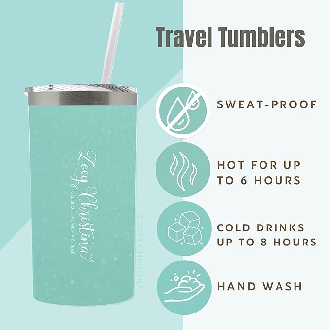 Zoey Christina 21st Birthday Stainless Steel Coffee Tumbler, 16 oz, Handleless, Purple & Mint Colors, Shimmer Finish (Purple)