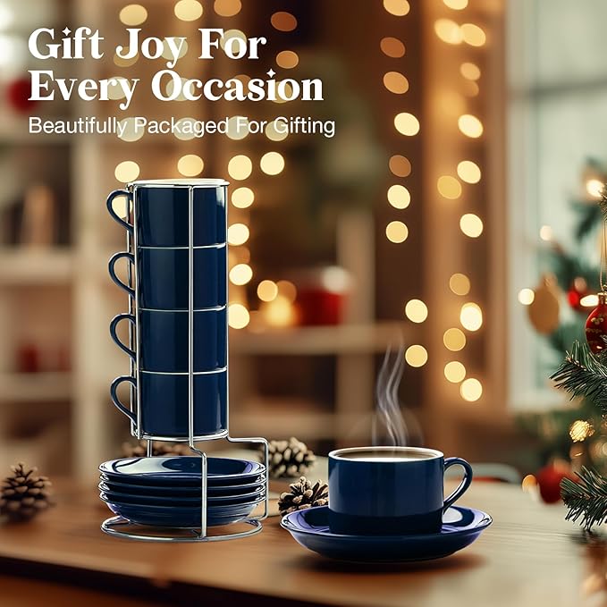 5 Ounce Blue Porcelain Stackable Espresso Cups with Stainless Steel Holder, Set of 4, Durable Ceramic, Perfect for Home, Office or Gift