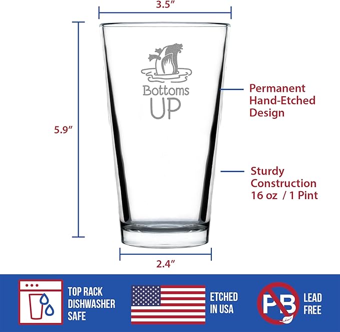Custom Bottoms Up - Pint Glass for Beer - Funny Duck Themed Gifts - Lake House Decor for Women and Men - 16 Oz Glasses