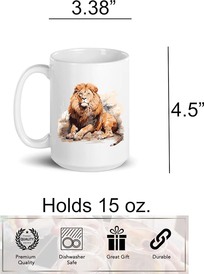 C M Lion Ceramic Coffee Mug, 15 oz. - Lion Themed Gift for Women and Men
