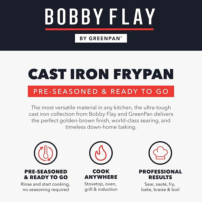 GreenPan x Bobby Flay Cast Iron Skillet Set, 8” &10” Pre-Seasoned Frying Pans, Pour Spouts, Induction Compatible, Oven, Grill, Indoor/Outdoor, Durable, Black