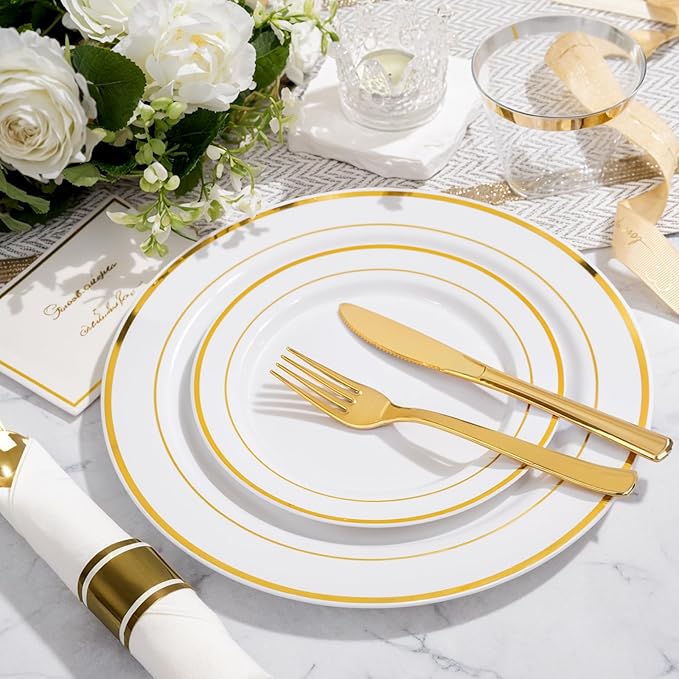 WELLIFE 350Pcs Gold Plastic Plates for 50 Guests - Plastic Dinnerware Set, Includes 100 Party Plates,150 Gold Silverware Disposable,50 Napkins,50 Cups,Disposable Plates for Party and Wedding