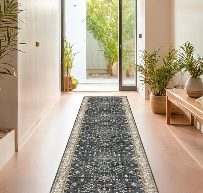 Black 2x7 Long Runner Rugs for Entryway, Throw Runners for Kitchen Hallway, Boho Vintage Floral Decor & Non-Slip Low-Pile Washable Stain Resistant Ashen Charcoal Rug