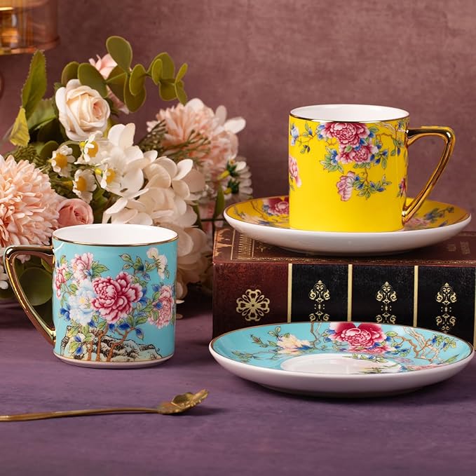 KAMMAK Tea Cups and Saucers Set of 2, Porcelain Coffee Cup with Saucer for Espresso, Cappuccino, 7.5oz Vintage Yellow and Blue Floral Ceramic Novelty Mug for Home, Tea Party, Office