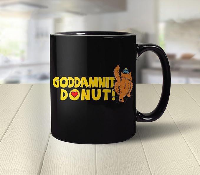 BootsTees Goddamnit Donut Mug with Dungeon Crawler Carl Princess Donut Quote, 11oz Black Ceramic Coffee Cup with Funny Saying and Book Graphic