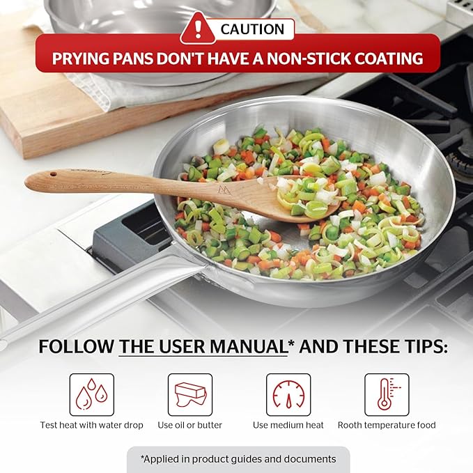 Sunhouse 11 Inch Tri-Ply Stainless Steel Frying Pan, Whole-Clad No Coatings Skillet with Stay-cool Handle for Cooking, Durable & Oven Safe to 500°F, Dishwasher Safe, Compatible with All Cooktops