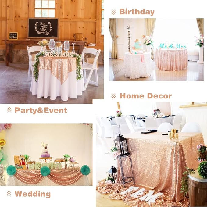 Eternal Beauty Rose Gold Tablecloth, 60x102 Inch Sequin Rectangle Table Cover for Valentines Cake Dessert Exhibition Party Birthday Events