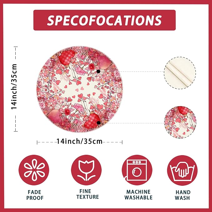 XCHI Wild Flowers Love Hearts Valentine’s Day Round Placemats Set of 4 Table Mats for Party Home Kitchen Dining Table Decorations 14x14 Inch