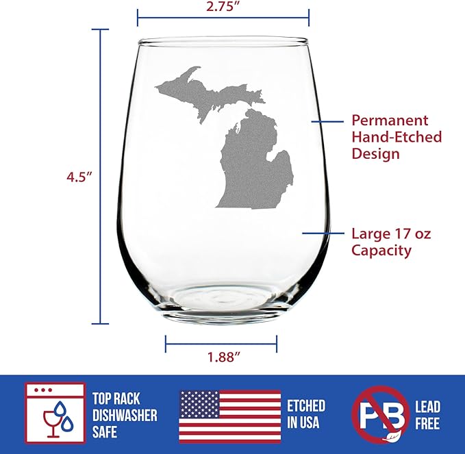 Custom Michigan State Outline Personalized Stemless Wine Glass - State Themed Drinking Decor and Gifts for Michigander Women & Men - Large 17 Oz Glasses - Customized Wine Glass Gift