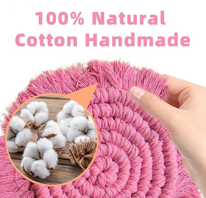 2 PCS Macrame Coasters Handmade Boho Coasters,Woven Absorbent Drink Coaster,Heat Resistant Cotton Coaster for Coffee Table,Desk Kitchen Dining Room Kitchen, Home Decoration (Coral Pink)