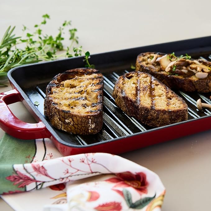 Sur La Table 15" x 9" Enameled Cast Iron Grill Pan – Rectangular Stove-to-Oven Griddle for Steaks, Veggies & Seafood, Induction Compatible, Oven to 500°F, No Seasoning Required, Red