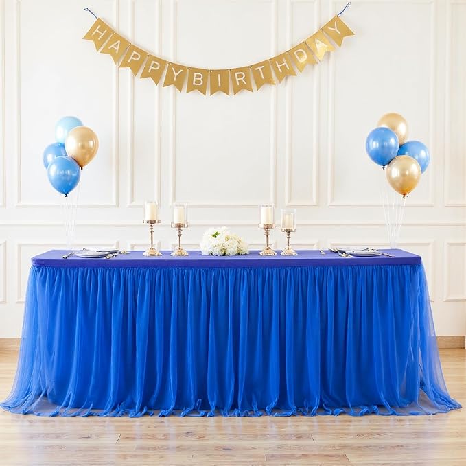 2 Pack 6ft Royal Blue Tulle Tablecloths for Rectangle Tables 6 Foot Rectangular Table Cloth Wrinkle Free Table Cover with Tutu Skirt for Baby Shower Wedding Birthday Party Banquet Buffet Cake
