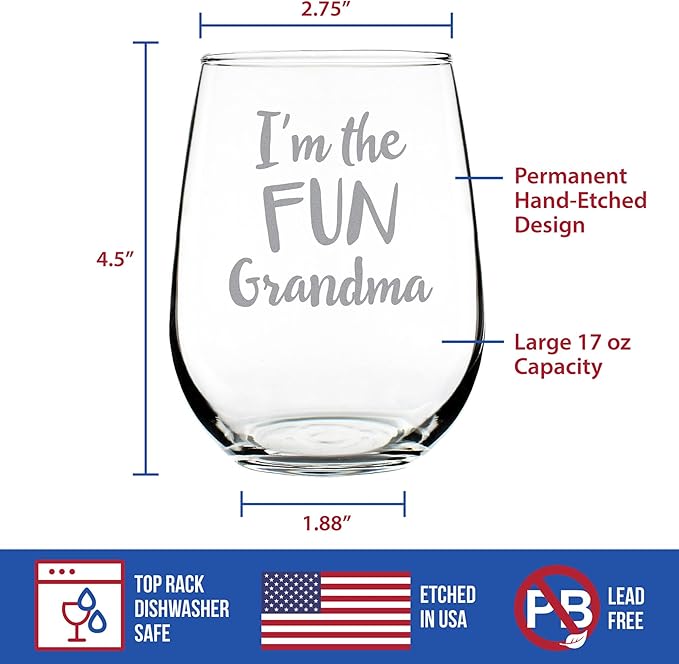 Custom Fun Grandma – Funny Stemless Wine Glass, Large 17 Ounce Size, Etched Sayings, Gift Box - Parent - Customized Glasses