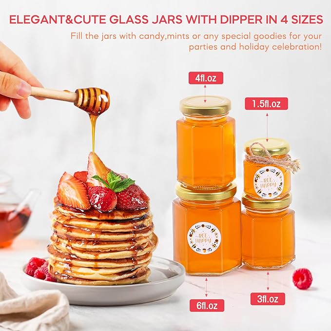 AuroTrends 3oz Mini Honey Jars with Dipper 30Pack, Empty Glass Jars for Baby Shower Favors/Wedding Favors for Guests- Mini Jar with Wooden Dippers