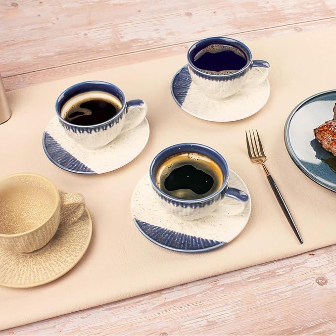 Coffee Mugs Set, 6.8 oz, Ceramic Tea Cup with saucer, Espresso Cups 8-piece, Stackable Cups, for Latte,Hot Tea,Cappuccino, Mocha, Cocoa, dishwasher & microwave safe, Blue border