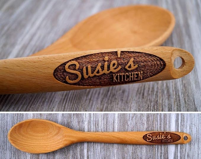 Personalized Engraved Wooden Spoon – Custom Name & Kitchen Script | Solid Beech Wood Cooking & Baking Gift