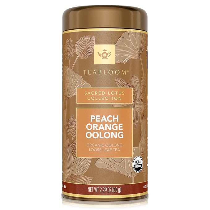 Teabloom Organic Oolong Tea, Peach Orange Loose Leaf Tea, USDA Certified Organic, Fresh Whole Leaf Blend in Reusable Gift Canister, 2.29 oz/65 g Canister Makes 35-50 Cups