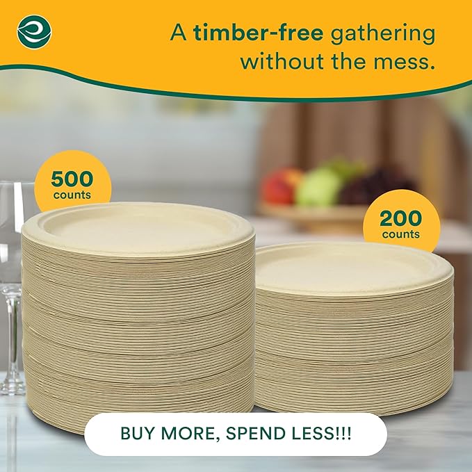 ECO SOUL Compostable 9 Inch(100-Pack) Biodegradable Heavy-Duty Disposable Eco-Friendly Paper Plates for Dinner & Parties, Wedding, Event