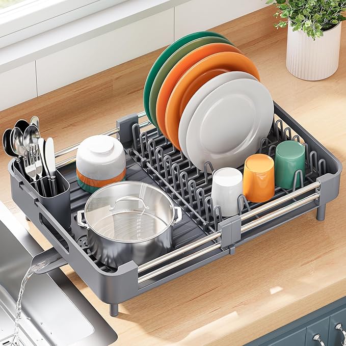 TOOLF Dish Drying Rack with Drainboard, Extendable Dish Rack for Kitchen Counter, Expandable Dish Drainer, Dish Strainer, Foldable Home Countertop Plate Storage Rack with Cutlery Holder, Gray