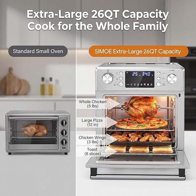 SIMOE Air Fryer Oven 26QT, 14-in-1 Toaster Oven Air Fryer Combo with 1700W Convection, Stainless Steel Countertop Oven with Rotisserie, Dehydrate & Pizza