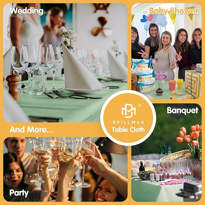 BRILLMAX 4 Pack Sage Green Tablecloths 90 x 156 Inch for 8ft Rectangle Tables - 150 GSM Polyester Fabric, Floor Length Drop, Water, Stain & Wrinkle Resistant Cloth Cover for Wedding Reception Banquet