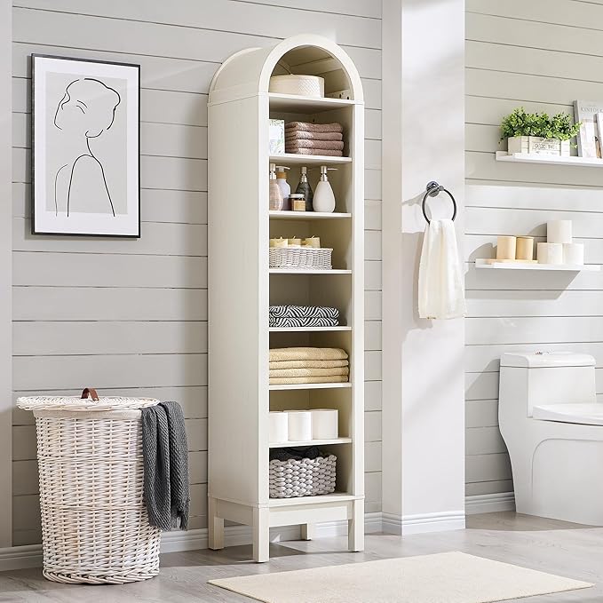 71" Tall Arched Bookshelf, 8 Tiers Arch Bookcase with Storage, Modern Farmhouse Book Shelf with Adjustable Shelves, Wood Bookshelf w/Open Display Shelves for Living Room, Office (Antique White)