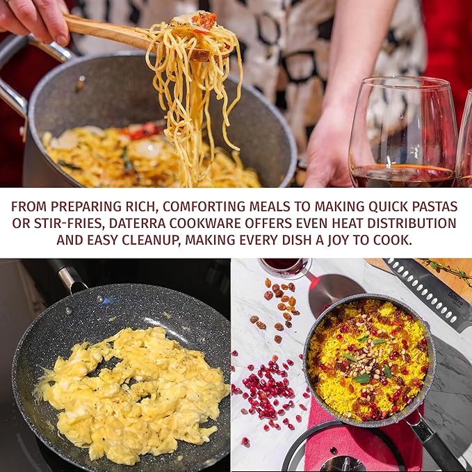 DaTerra Cucina Nonstick Small Pasta Bundle – 2.6 Qt Saucepan with Lid, 9.5" Frying Pan, 5 Qt Dutch Oven with Lid – Induction Compatible, Oven Safe, Ceramic Nonstick, PTFE & PFOA Free – Made in Italy