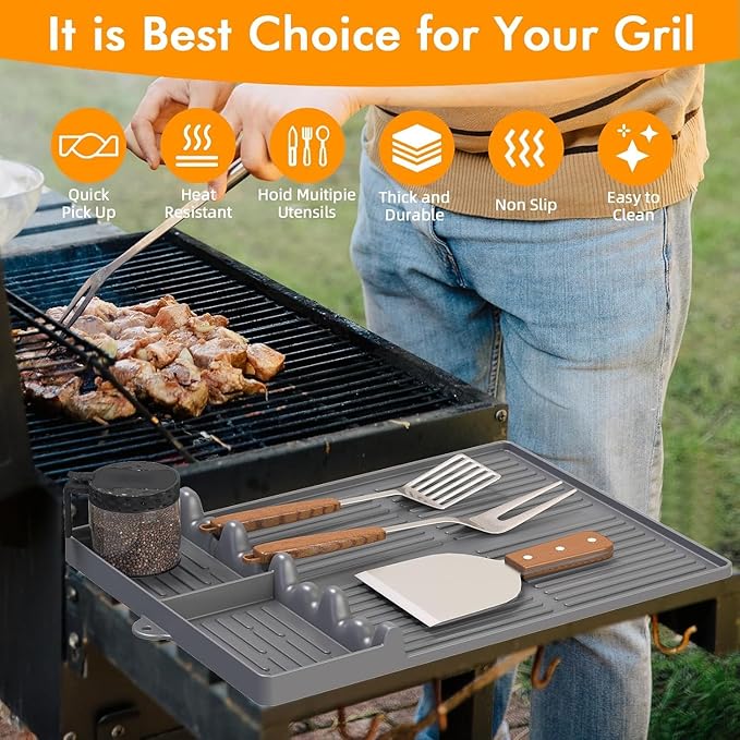 Silicone Griddle Tool Mat Compatible with Blackstone Weber - Flat Top Grill Pellet Smoker Side Shelf Spatula Mat with Drip Pad - Gifts for Men BBQ Grilling Accessories (Grey-2Pcs)