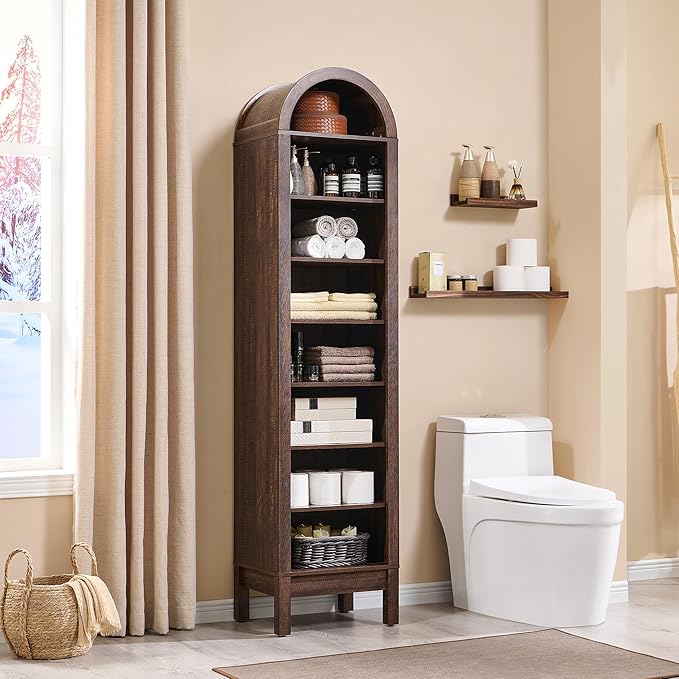 71" Tall Arched Bookshelf, 8 Tiers Arch Bookcase with Storage, Modern Farmhouse Book Shelf with Adjustable Shelves, Wood Bookshelf w/Open Display Shelves for Living Room, Office (Brown)