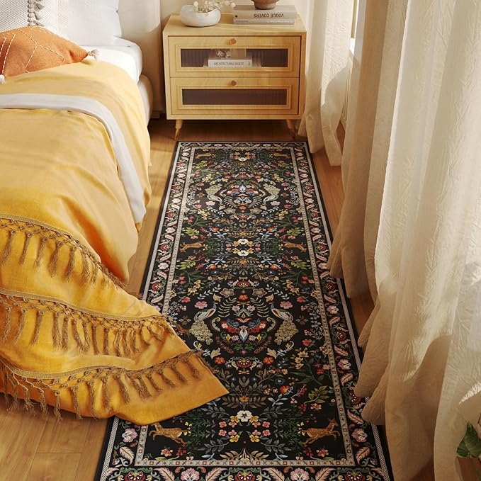 Runner Rug Washable Kitchen Runner 2'x10' Rug Floral Non-Slip for Entryway Indoor Soft Carpet for Hallways, Kitchen, Laundry, Bedroom, Bathroom (Vibrant Black)