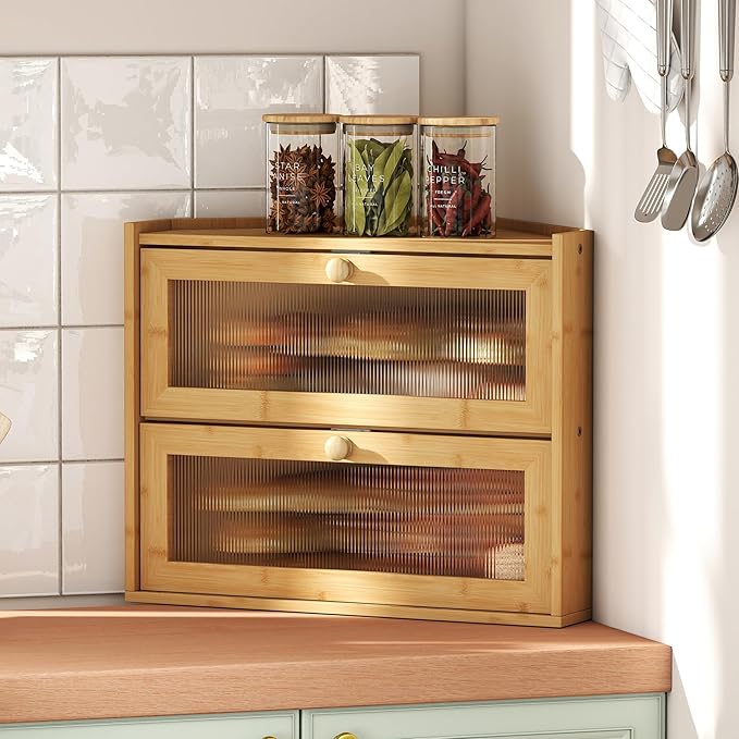 2 Tier Bread Box,Natural Bamboo Two Tier Bread Box with View Window, Handmade Sandwich Bread Keeper for Kitchen Countertop, Space Saving Storage Cabinet for Home Bakery in Corner Design