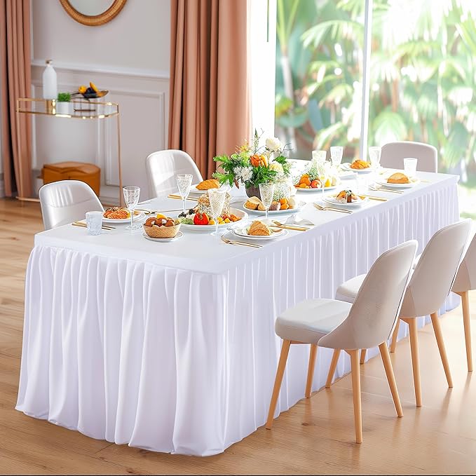 Wish Care 6 Pack White Rectangle Table Clothes for 8 Foot Tables, Polyester Fitted Tablecloths 8ft Stretch Table Cover for Wedding, Birthday, Parties, Trade Show, Craft Show