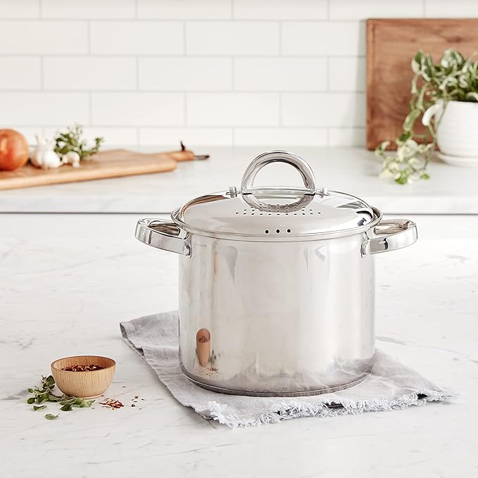 Oster Sangerfield 5-Quart Stainless Steel Pasta Pot with Steamer and Strainer Lid – Durable Kitchen Cookware for Boiling and Steaming
