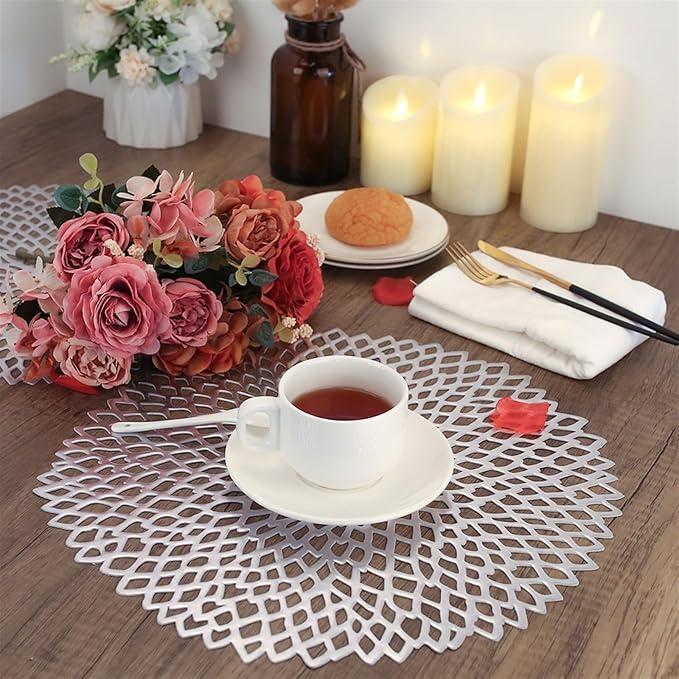 4/6/8PCS PVC Placemat for Dining Table Hollow Pad Coaster Pads Table Bowl Mats(B Sliver,8 PCS_38CM)