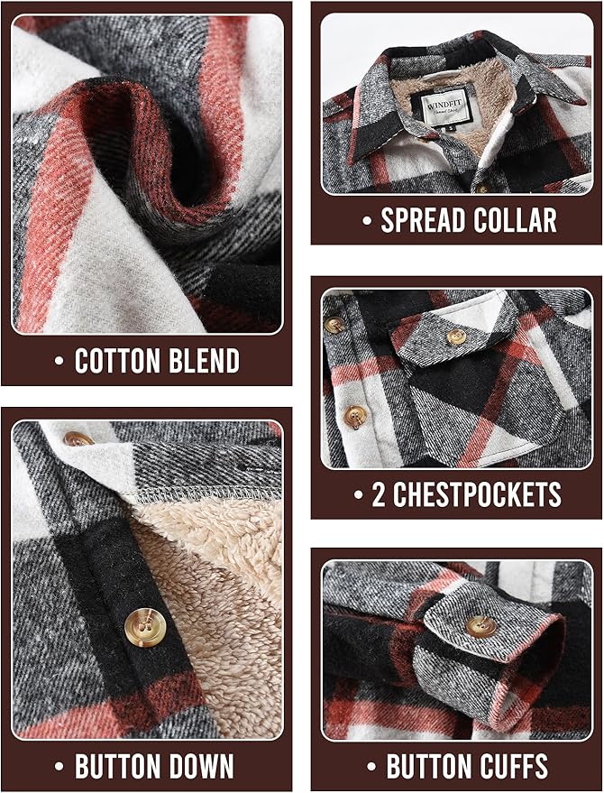 Men's Cotton Sherpa Lined Button Down Flannel Shirt Jacket Plaid Soft Outdoor Flannel Jacket Shirt