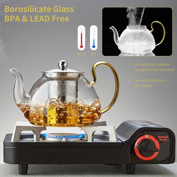 Large Glass Teapot with Stainless Infuser, Stovetop Safe, Thickened Heat-Resistant Borosilicate Glass, 46 fl oz
