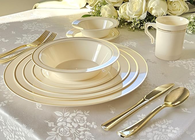 " OCCASIONS " 40 Piece Plates Pack, Heavyweight Disposable Wedding Party Plastic Bowls (14 oz Soup Bowl, Ivory & Gold Rim)