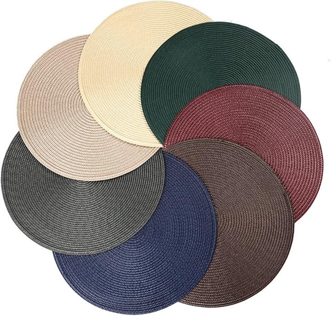 Round Table Mat Braided Woven Set of 4 Woven Placemats Heat Non-Slip for Kitchen Indoor and Outdoor 15 Inch(PPR Dark Coffee,Round_38CM 4PCS)