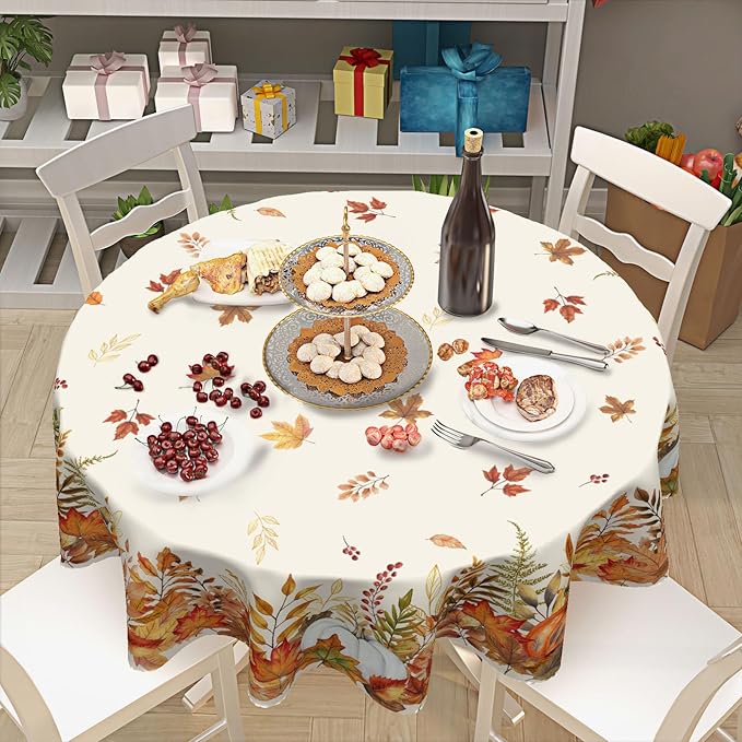 Fall Tablecloth Round 60 Inch Thanksgiving Autumn Harvest Orange Pumpkin Maple Leaves Table Cloth Rustic Farmhouse Table Cover for Kitchen Dinner Home Decor